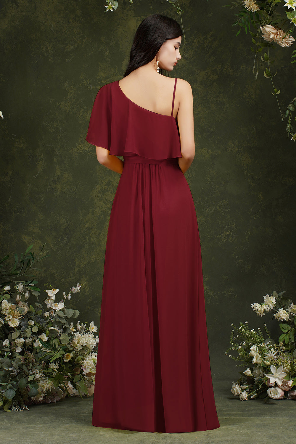 One Shoulder Ruffles Bridesmaid Dress Long With Slit-27dress