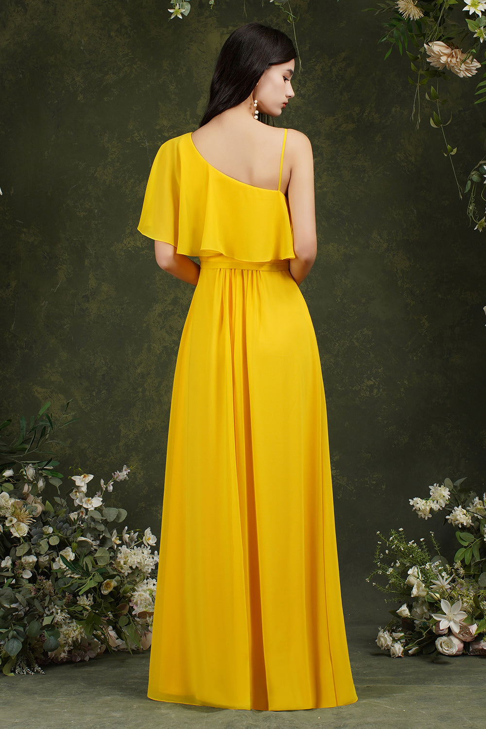 One Shoulder Ruffles Bridesmaid Dress Long With Slit-27dress