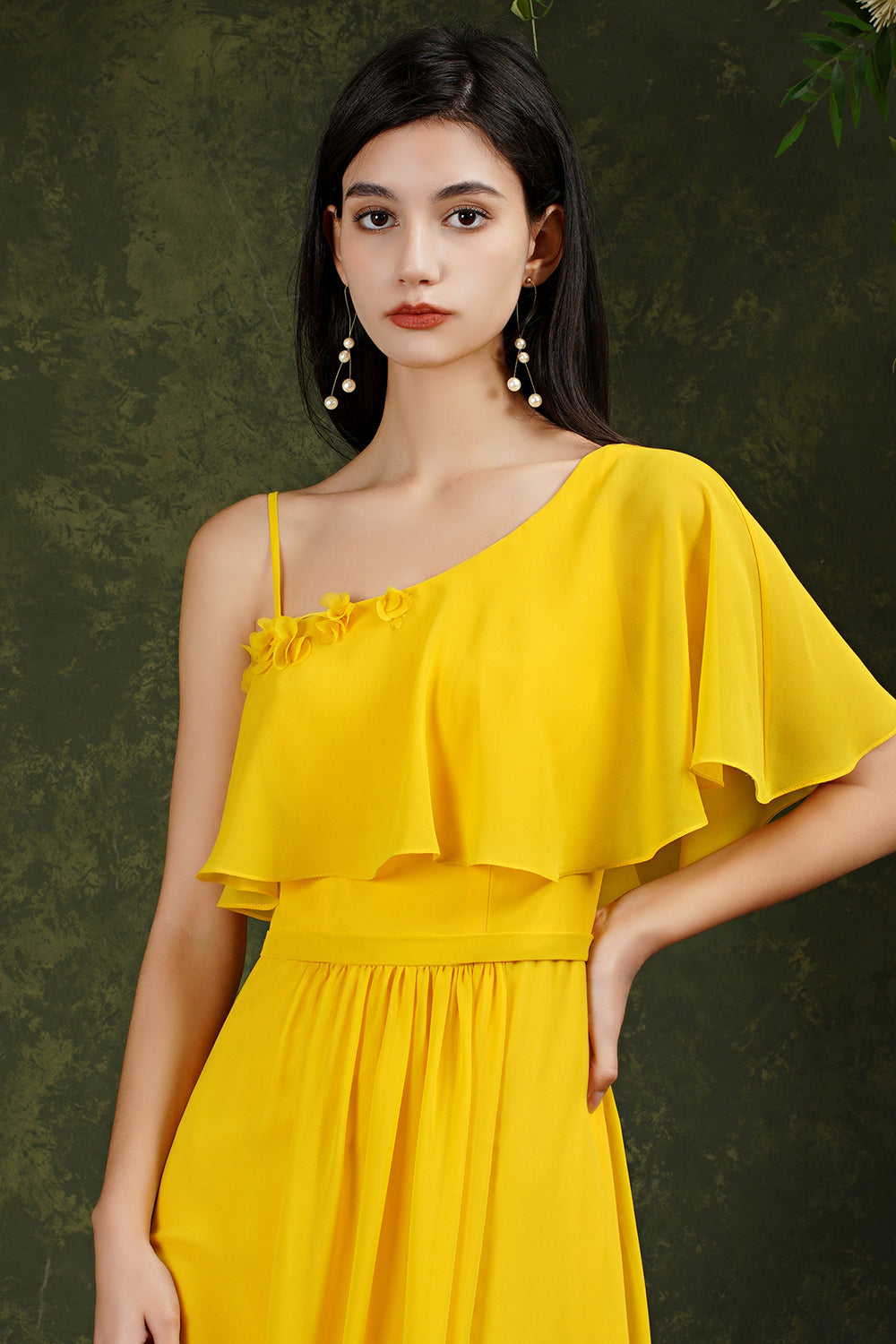 One Shoulder Ruffles Bridesmaid Dress Long With Slit-27dress