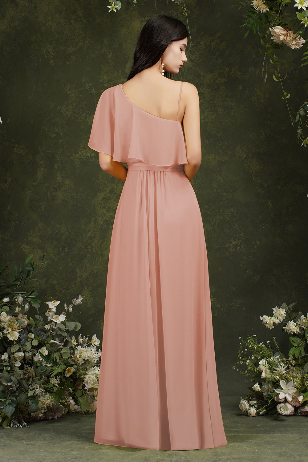 One Shoulder Ruffles Bridesmaid Dress Long With Slit-27dress