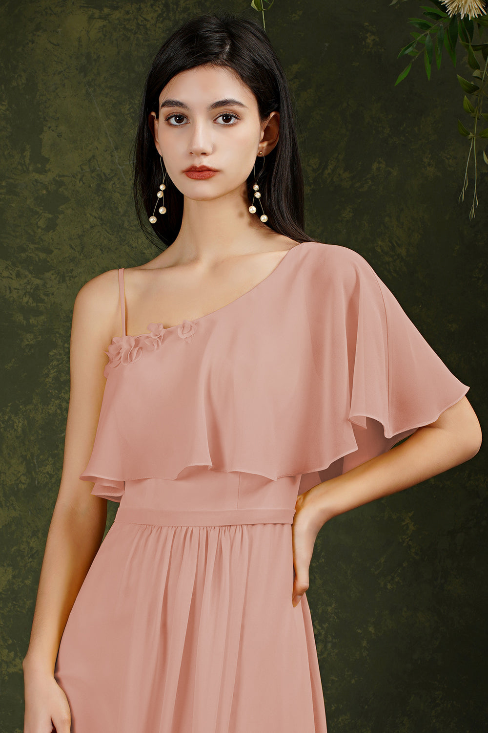 One Shoulder Ruffles Bridesmaid Dress Long With Slit-27dress