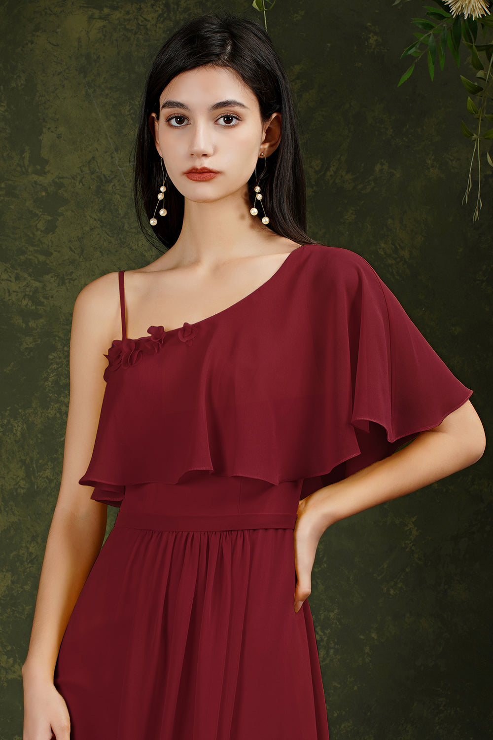 One Shoulder Ruffles Bridesmaid Dress Long With Slit-27dress