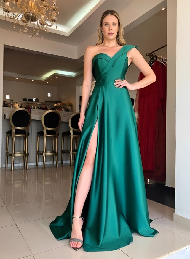 Load image into Gallery viewer, One Shoulder Satin Long Prom Dress with Split Front-27dress

