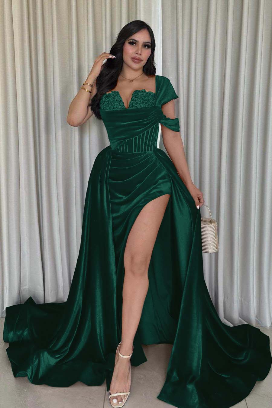 One Shoulder Sleeveless Long Mermaid Prom Dress With Split Pleated