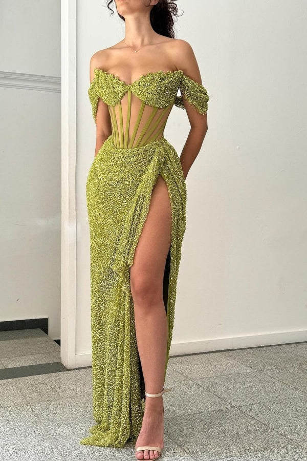 One Shoulder Sleeveless Long Mermaid Split Prom Dress With Sequins