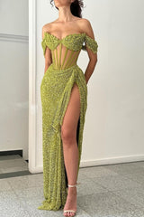 One Shoulder Sleeveless Long Mermaid Split Prom Dress With Sequins