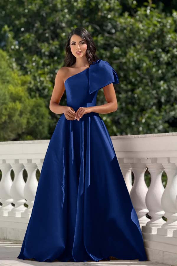 One Shoulder Sleeveless Long Prom Dress With Pleated Bowknot