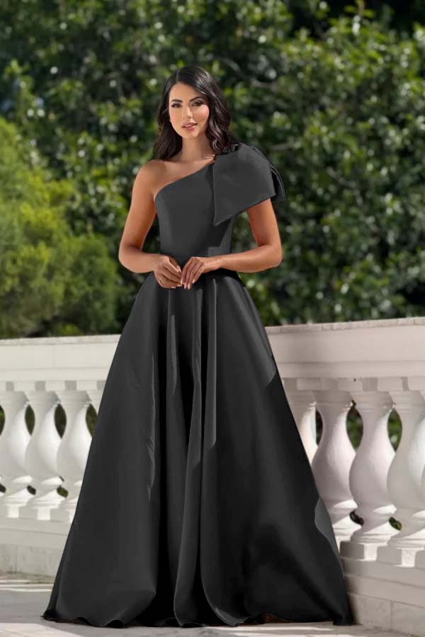 One Shoulder Sleeveless Long Prom Dress With Pleated Bowknot