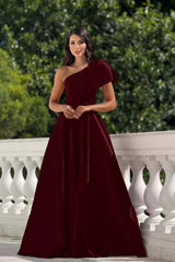 One Shoulder Sleeveless Long Prom Dress With Pleated Bowknot