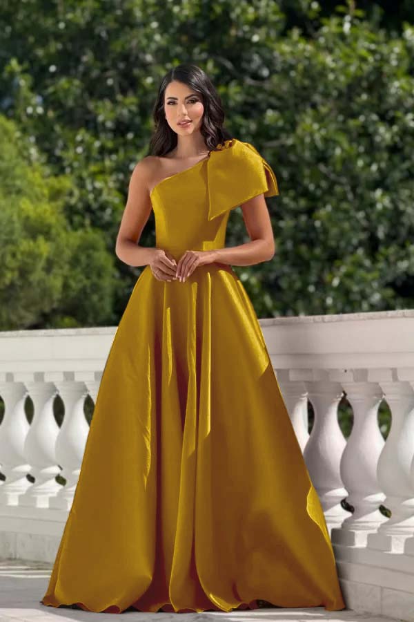 One Shoulder Sleeveless Long Prom Dress With Pleated Bowknot