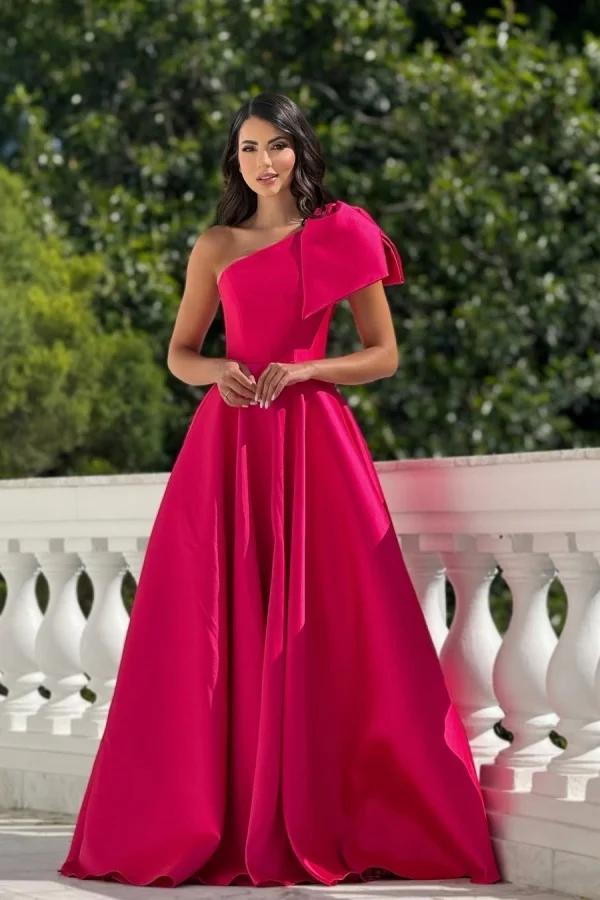 One Shoulder Sleeveless Long Prom Dress With Pleated Bowknot