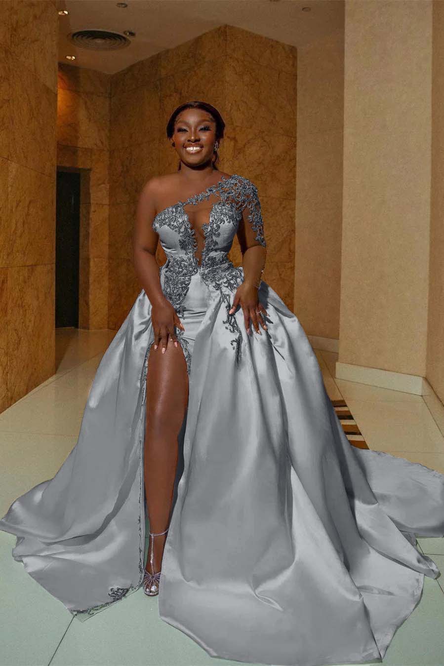 One Shoulder Sleeveless Long Split Prom Dress With Appliques
