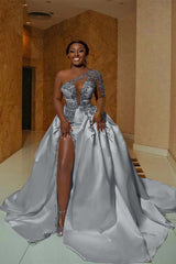 One Shoulder Sleeveless Long Split Prom Dress With Appliques