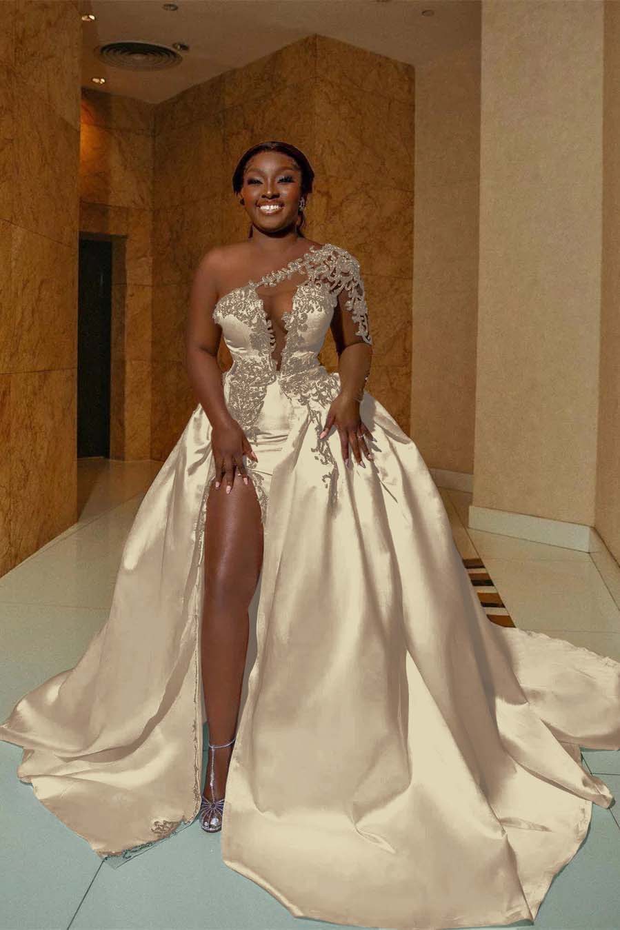 One Shoulder Sleeveless Long Split Prom Dress With Appliques
