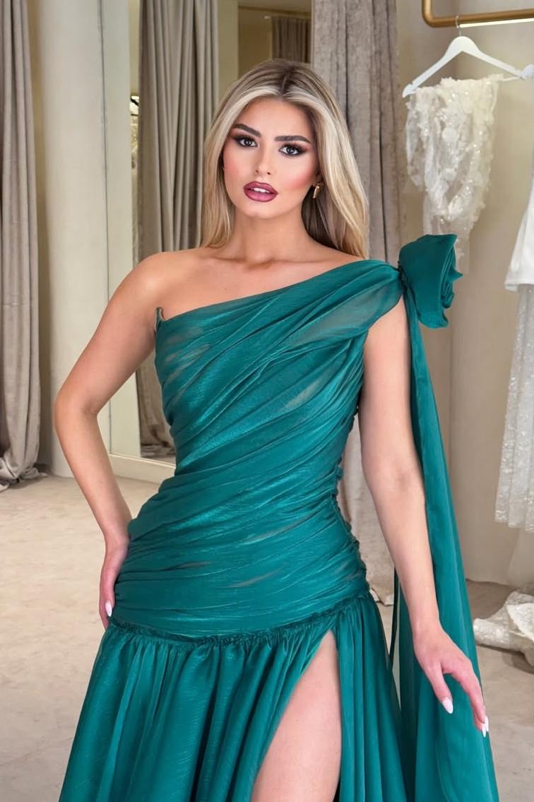 One Shoulder Sleeveless Long Split Prom Dress With Pleated