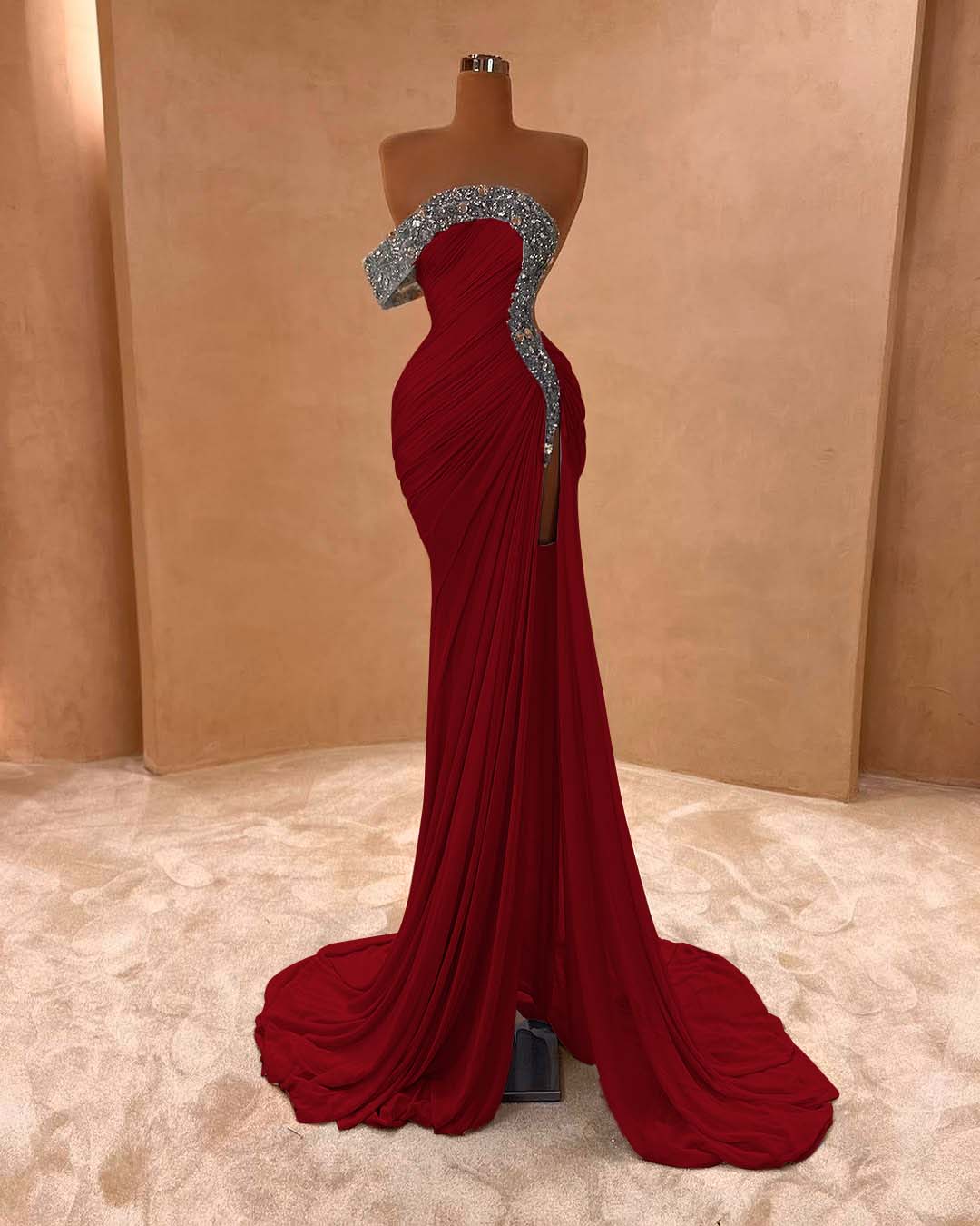 One Shoulder Sleeveless Long Split Prom Dress With Pleated Sequins