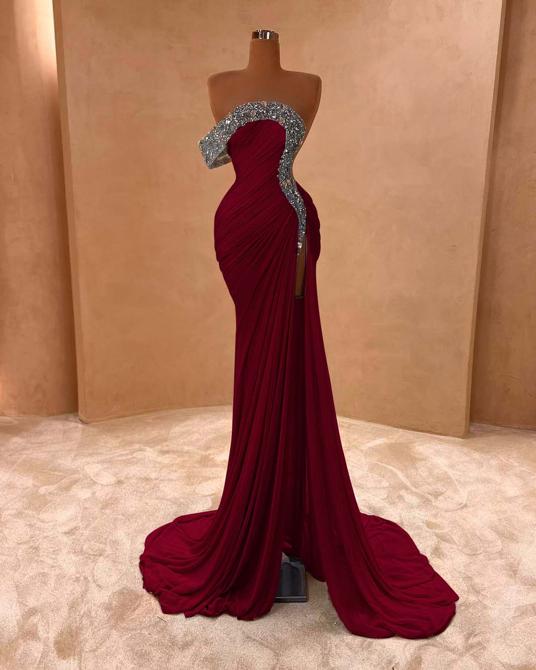 One Shoulder Sleeveless Long Split Prom Dress With Pleated Sequins