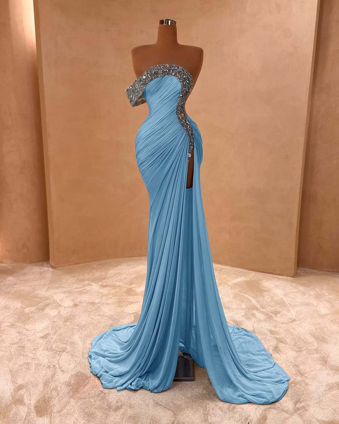 One Shoulder Sleeveless Long Split Prom Dress With Pleated Sequins