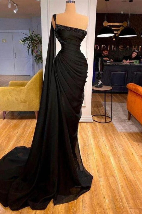 One Shoulder Sleeveless Mermaid Ideal Black Pleated Prom Dress With Beadings