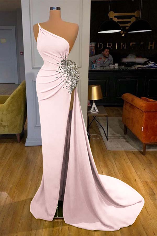 One Shoulder Sleeveless Mermaid Long Prom Dress Green Beadings With Split