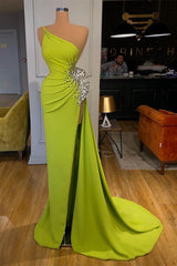 One Shoulder Sleeveless Mermaid Long Prom Dress Green Beadings With Split