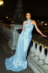 One Shoulder Sleeveless Mermaid Long Prom Dress With Ruffles Pleated