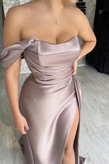 One Shoulder Sleeveless Mermaid Strapless Long Prom Dress With Side Split