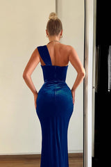 One Shoulder Sleeveless Pleated Mermaid Long Prom Dress With Split