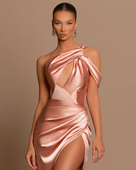 One Shoulder Sleeveless Stunning Pleated Mermaid Evening Dress With Side Split
