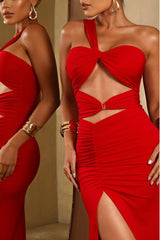 One Shoulder Sleeveless Sweetheart Split Long Prom Dress With Pleated