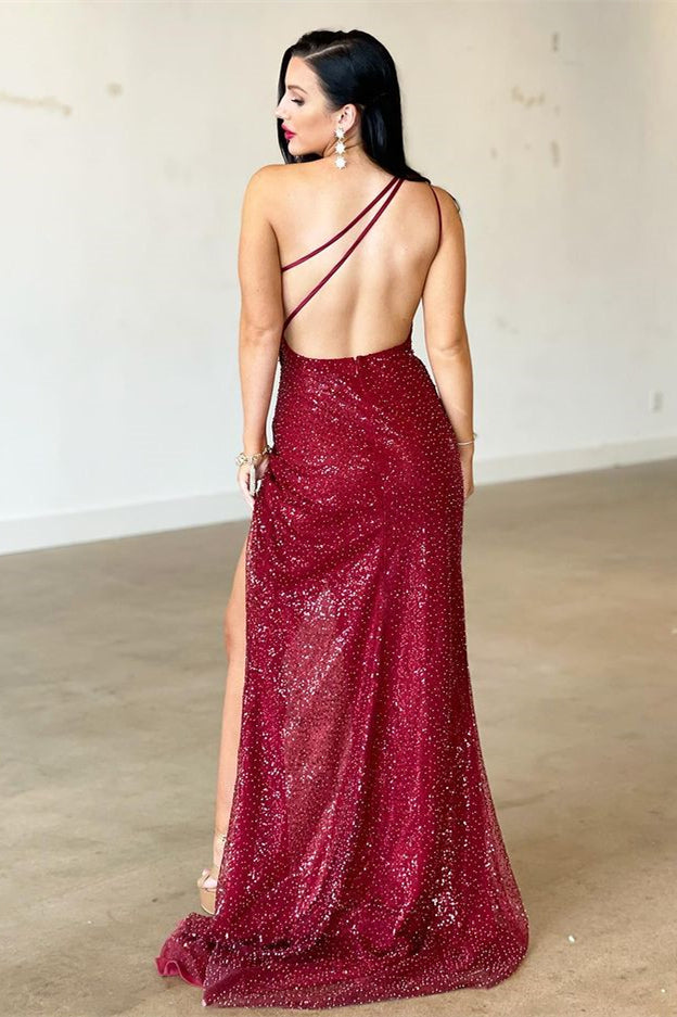 One Shoulder Split Mermaid Burgundy Prom Dress With Backless