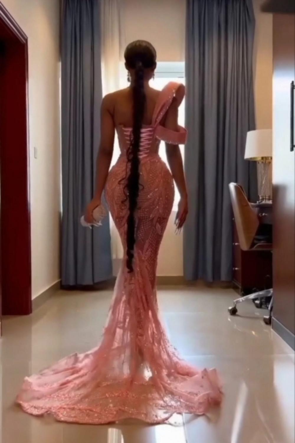One Shoulder Sweetheart Mermaid Long Prom Dress with Beaded-27dress