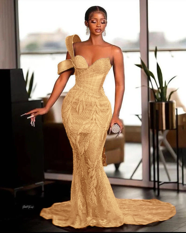 One Shoulder Sweetheart Mermaid Long Prom Dress with Beaded-27dress