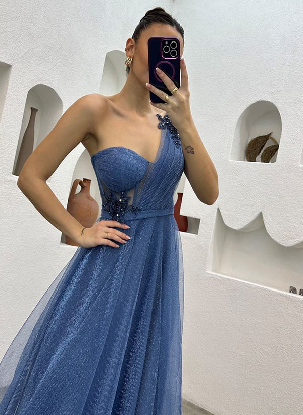 One Shoulder Tulle Prom Dress With Split Front-27dress