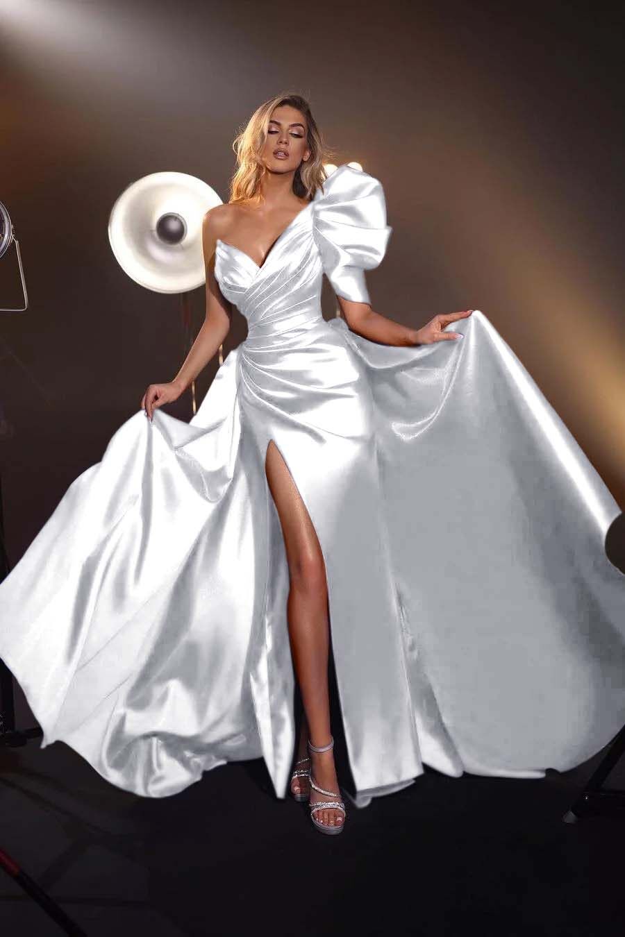 One Shoulder V Neck Sleeveless Long Split Prom Dress With Pleated