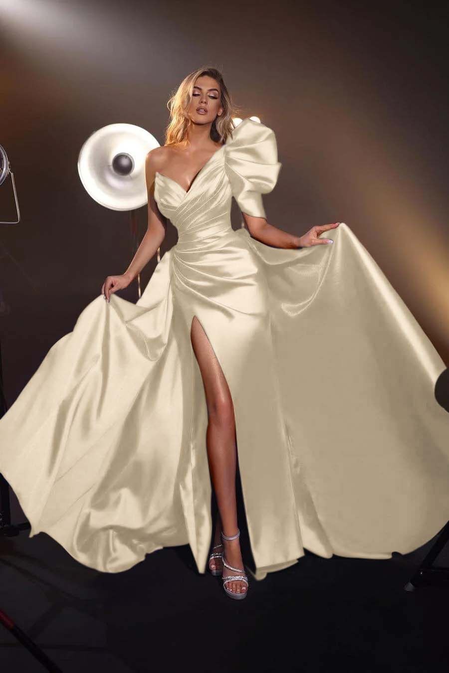 One Shoulder V Neck Sleeveless Long Split Prom Dress With Pleated