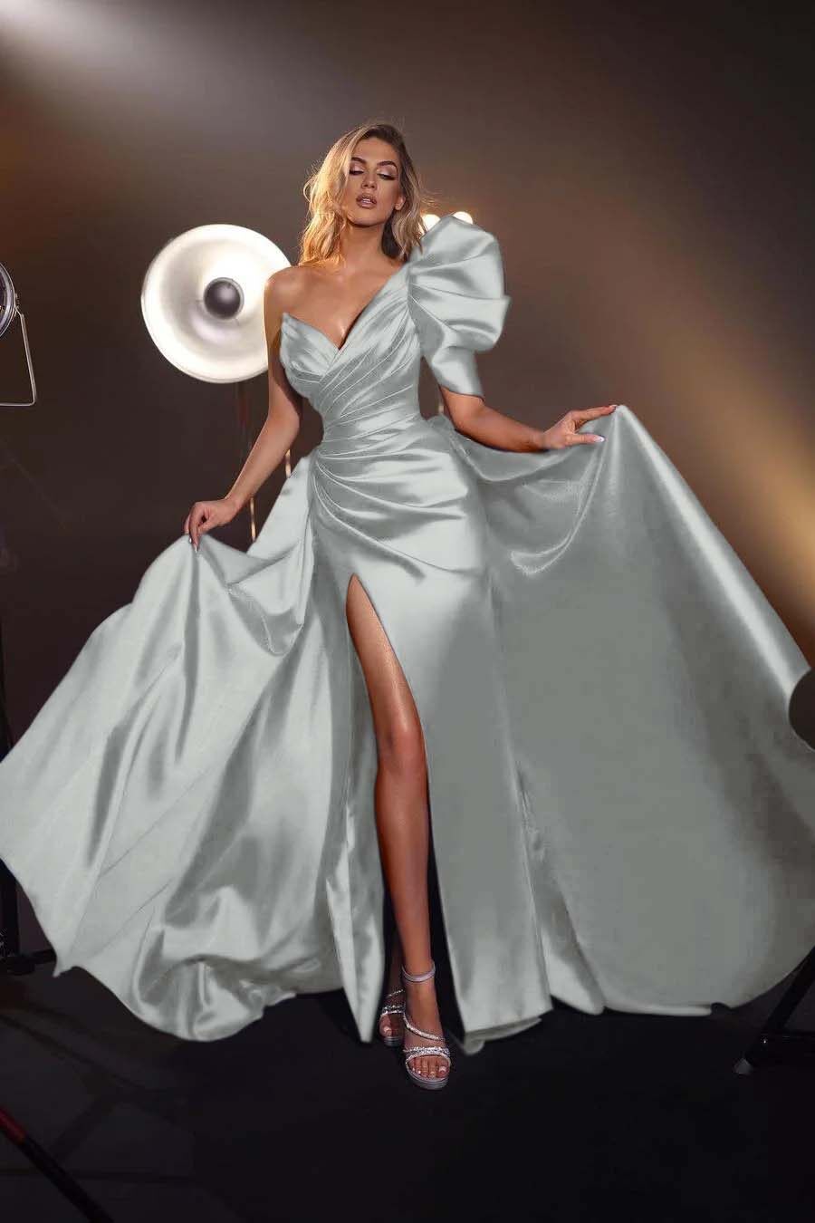 One Shoulder V Neck Sleeveless Long Split Prom Dress With Pleated