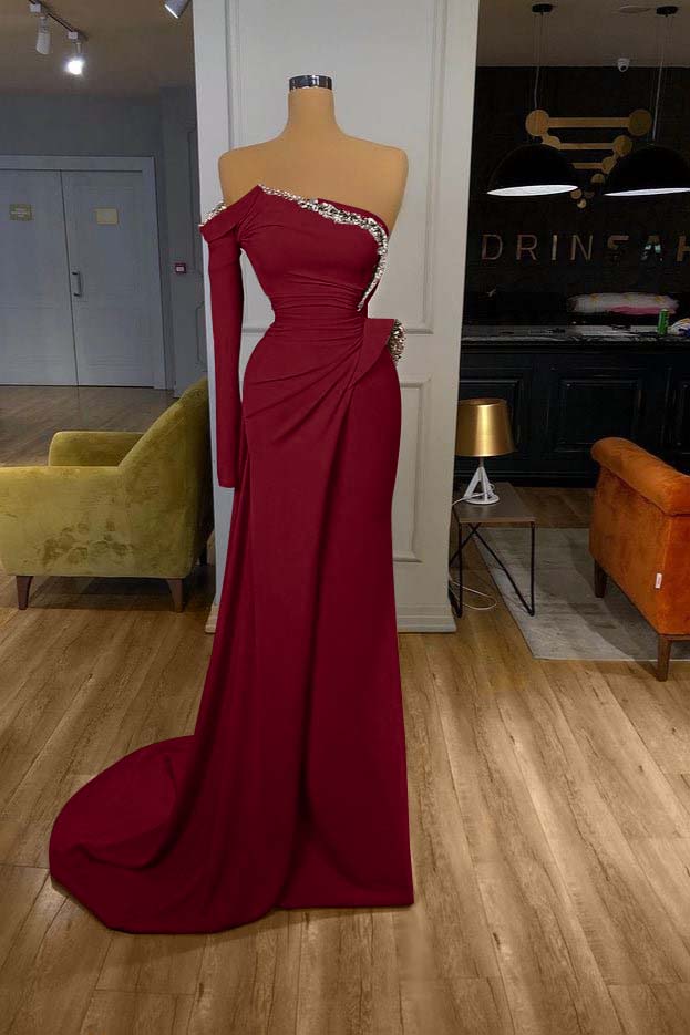 Orange Long Sleeves Sequins Long Pleated Mermaid Prom Dress With Beadings