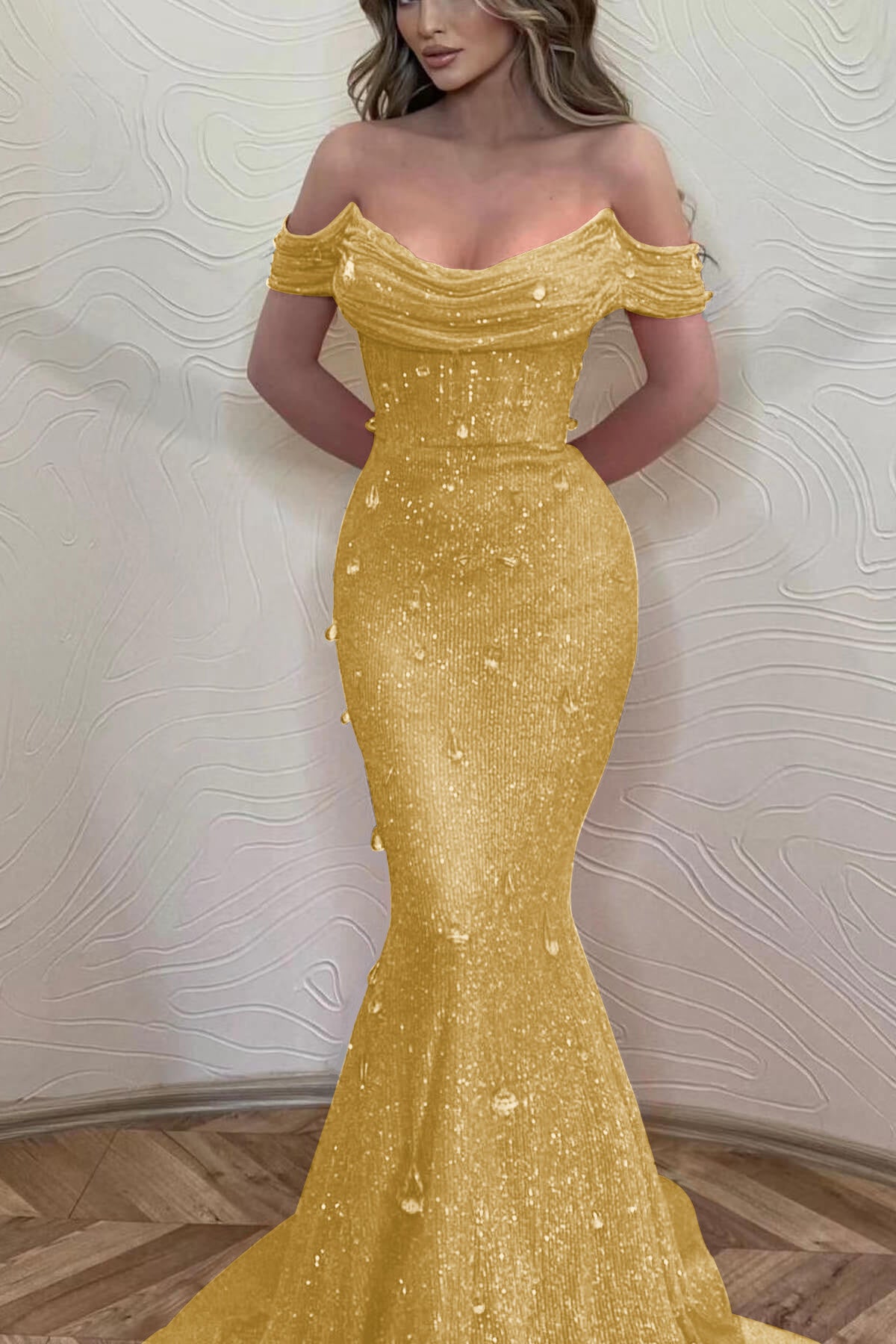 Orange Off the Shoulder Strapless Sleeveless Prom Dress With Sequins Mermaid