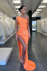 Orange One Shoulder Mermaid Prom Dress Pleated With High Split