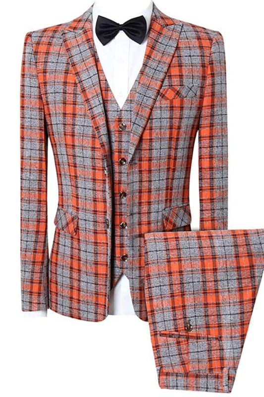 Orange Plaid Peaked Lapel Three Pieces Chic Prom Suits
