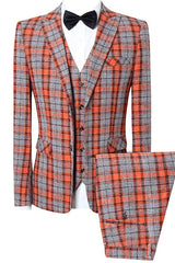 Orange Plaid Peaked Lapel Three Pieces Chic Prom Suits