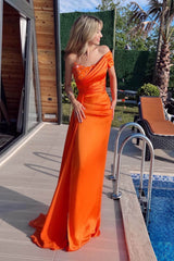 Orange Sleeveless Mermaid Ruffles Beadings Prom Dress One Shoulder With Split