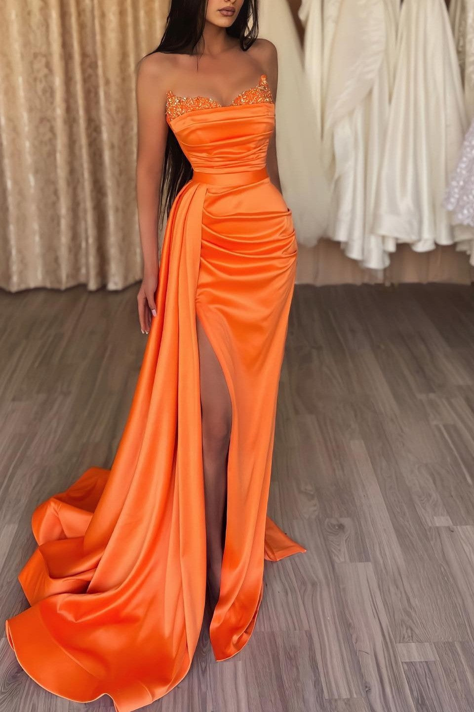 Orange Strapless Satin Ruffles Long Mermaid Prom Dress with Split-27dress