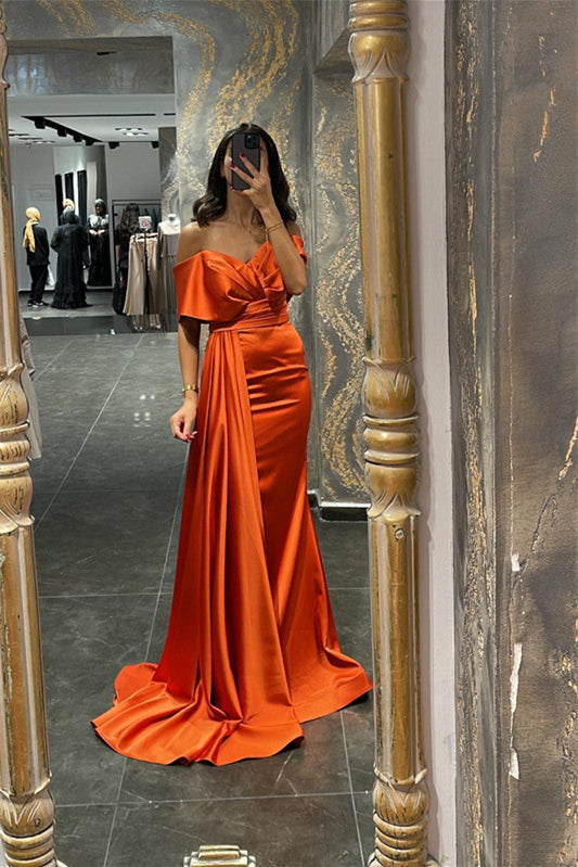 Orange Sweetheart Off the Shoulder Mermaid  Prom Dress With Ruffles