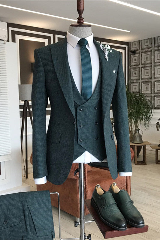 Peaked Lapel Close Fitting Three Pieces Men Suits For Business