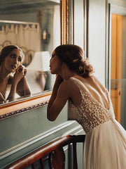Pearl Detailed A-Line V-Neck Tulle Sweep Train Wedding Dress
