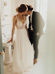 Pearl Detailed A-Line V-Neck Tulle Sweep Train Wedding Dress