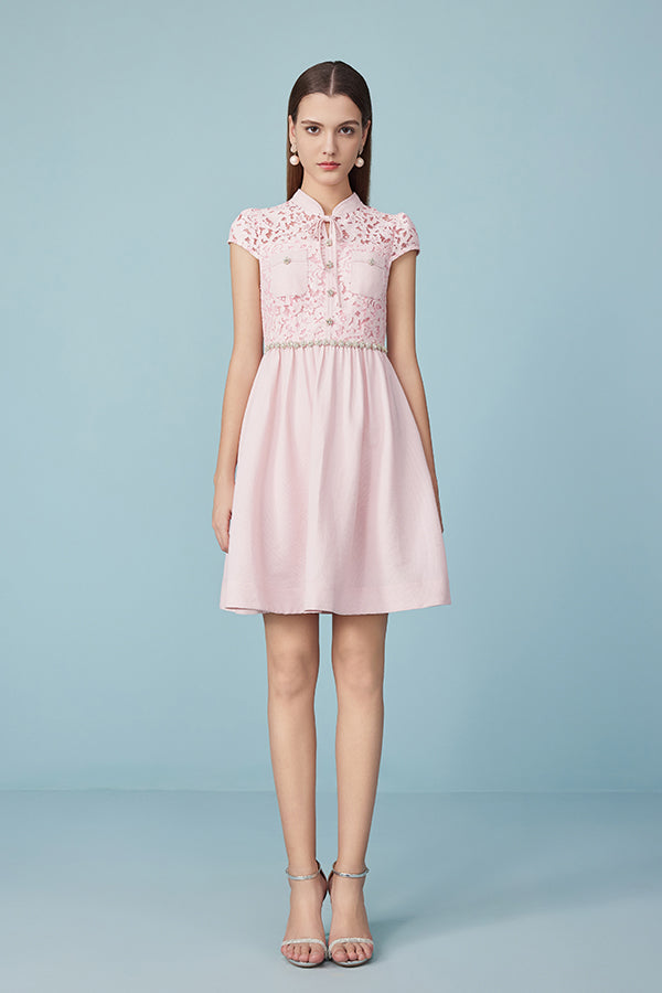 27Dress Pink Cap Sleeves Lace Short Dresses with Sash