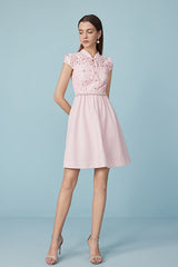 27Dress Pink Cap Sleeves Lace Short Dresses with Sash